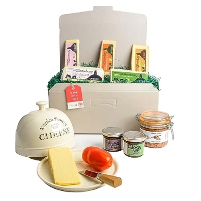 Image of Cheese Hamper Gift Set Includes Five Individually Wrapped Gourmet Cheeses, Marmalade, Chutney, Pate, &amp; Sourdough Bread Luxury Hamper, Selection Box Food Gifts