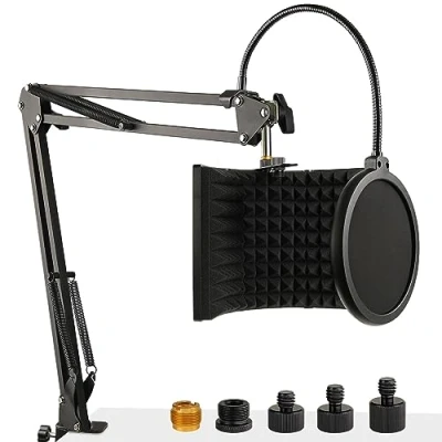 Image of Frgyee Microphone Isolation Shield with Mic Stand and Pop Filter, Foldable Sound for Most Condenser Microphone, High Density Absorbent Foam to Filter Vocal