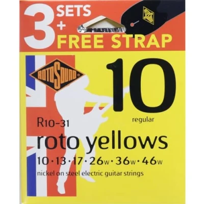 Image of Rotosound R10 31 Electric Guitar Strings with Strap (Pack of 3) Regular 10 46