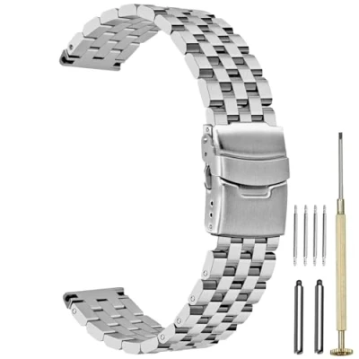 Image of Juntan Metal Silver Watch Strap 24mm Engineer Replacement Straps Stainless Steel Screw in Band for Men Women Deployment Buckle