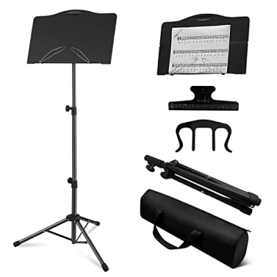 Image of OUKMIC Music Stand, Folding Sheet Stand with Carrying Bag, Portable and Lightweight Book Instrument Clip &amp; Page Holder for Performence, Guitar, Ukulele, Violin Players