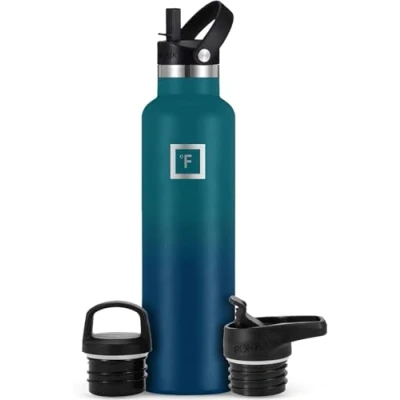 Image of Insulated Water Bottle with Straw Lid Narrow 710ml (3 Lids) Cold 24hrs &amp; Hot 12hrs Drinks Double Walled Stainless Steel Metal Leakproof Travel Sports Gym Camping Hiking Hydration Flask