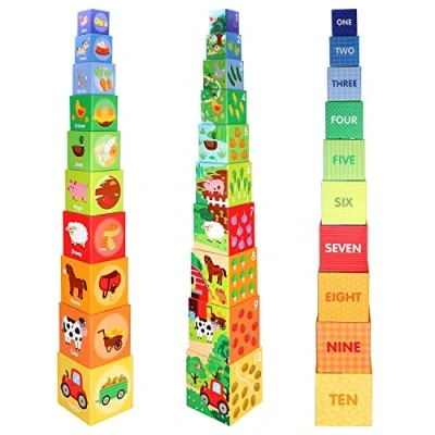 Image of SOKA 10pcs Farm Animals Stacking Cubes Balancing Building Animal Boxes Educational Developmental Montessori Learning Blocks Toy Set Gift for Kids Toddlers Children Boy Girl Ages 12 month old +