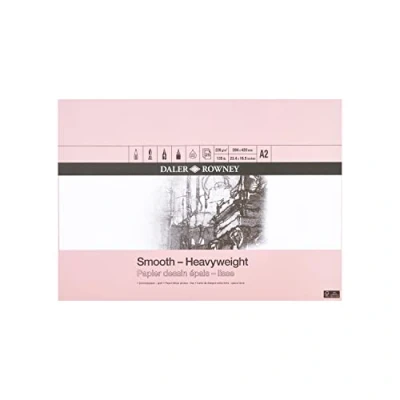 Image of Daler Rowney Smooth 220gsm A2 Heavyweight Drawing Paper Pad, Glued 1 Side, Acid free, 25 Natural White Sheets, Ideal for Professional Artists &amp; Students