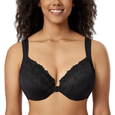 Image of Delimira Women&#039;s Front Fastening Bras Unlined Lace Plus Size Support Underwire Black 42D