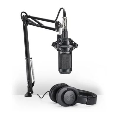 Image of Audio Technica AT2035PK Vocal Microphone Pack for Streaming/Podcasting, Includes XLR Mic, Adjustable Boom Arm, Shock Mount, &amp; Monitor Headphones, Black