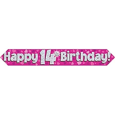 Image of 9ft Banner Happy 14th Birthday Pink Holographic