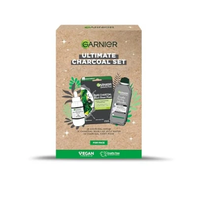 Image of Garnier&#039;s Ultimate Charcoal Gift Set for Face, with Serum, Face Mask and Micellar Purifying Jelly Water to Reduce Imperfections, Approved by Cruelty Free International, Vegan