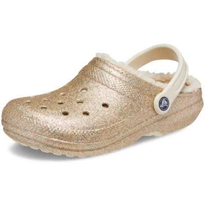 Image of Crocs Unisex Adult Classic Glitter Lined Clogs Fuzzy Slippers, Multi/Gold, 12 UK Men / 14 Women
