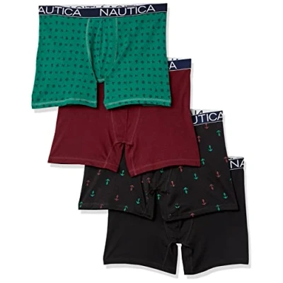 Image of Nautica Men&#039;s Cotton Stretch 4 Pack Boxer Brief, Black/Tawny Port/Spruce Black/Anchor Print, L