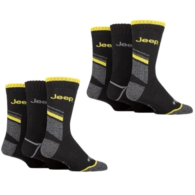 Image of Jeep Mens Workwear Boot Socks 6 Pair Multipack Black/Charcoal/Yellow 11