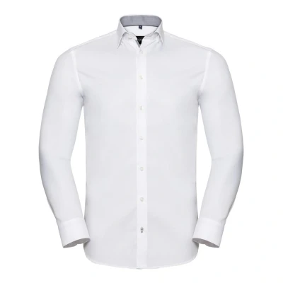 Image of Russell Athletic Collection Mens Long Sleeve Contrast Herringbone Shirt (White/Silver) Size 16 inch