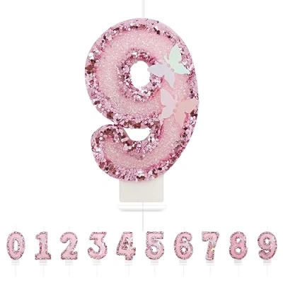 Image of Number 9 Candle,Pink Butterfly Birthday Candles for Girl,Cake Topper Decoration Girls Party