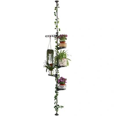 Image of BAOYOUNI 5 Layer Plant Stands Indoor Metal Flower Display Rack Tension Pole Space Saver Floral Pot Hanging Shelf, Grey