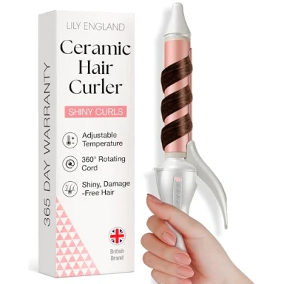 Image of Lily England Hair Curling Wand 25mm, Ceramic Tongs for Short to Long Hair, 100C 200C Adjustable Temperature &amp; Auto Shut Off, Rose Gold Curler