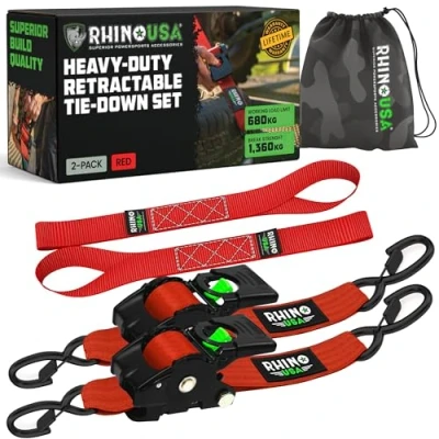 Image of Rhino USA Retractable Ratchet Tie Down Straps (2PK) 1,360kg Guaranteed Max Break Strength, Includes (2) Ultimate 5 cm x 3 m Autoretract Downs with Padded Handles Red
