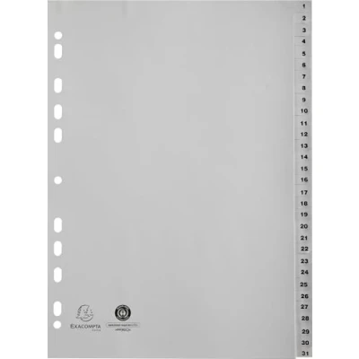Image of Exacompta Ref 1931E PP Printed Indices For Use With A4 Documents, 0.1mm Polypropylene, Pre Punched, Soft &amp; Tear Resistant 31 Divider Parts (1 31) Grey