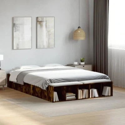 Image of vidaXL Bed Frame Double Smoked Oak Engineered Wood with Slats &amp; Storage, 135x190x20 cm for Restful Sleep