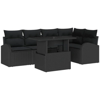 Image of vidaXL 6 Piece Garden Sofa Set with Cushions Black Poly Rattan