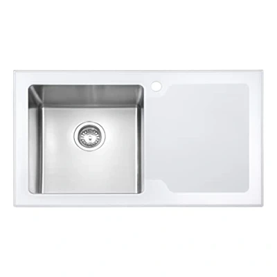 Image of JASSFERRY White Glass Top Kitchen Sink Stainless Steel Single Bowl Righthand Drainer Frosted Drainboard, 860 x 500 mm