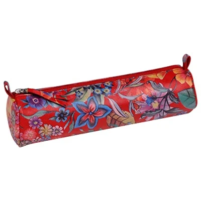 Image of Clairefontaine Ref 410108C Céleste&#039; Leather Round Pencil Case 22cm x 5.5cm, Made From Genuine Lambskin Leather, Metal Zip With Puller Red Garden
