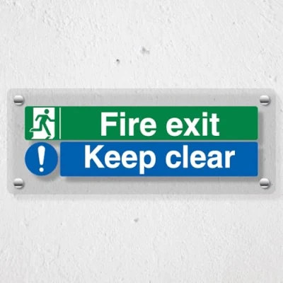 Image of V Safety Fire Exit/Keep Clear 300 x 100 mm Acrylic Perspex Cast Sign