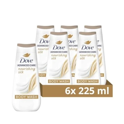 Image of Dove Advanced Care Nourishing Silk Body Wash Cleanser shower gel with skin natural nutrients for instantly silky soft 6x 225 ml