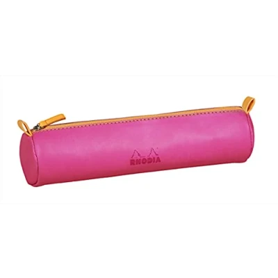 Image of RHODIA 319009C Rhodiarama Fuchsia Round Pencil Case 21.5 x 5.5 cm Genuine Orange Stitching Ivory Jersey Interior Faux Leather Storage for Pens, Pencils, Markers, Small Supplies