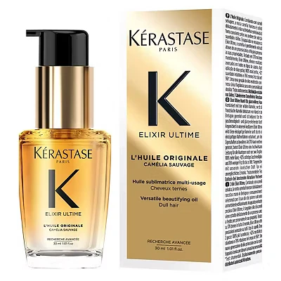 Image of Kérastase Elixir Ultime Hair Oil, for all types, Nourishes Dull Hair, Strengthens and Protects From Heat, With Argan Camellia Suitable Travel, L&#039;Huile Originale, 30ml