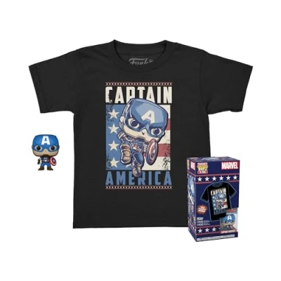 Image of Funko Pocket Pop! &amp; Tee: Marvel Captain America for Children and Kids Large (L) Comics T Shirt Clothes With Collectable Vinyl Minifigure Gift Idea Toys Short Sleeve Top