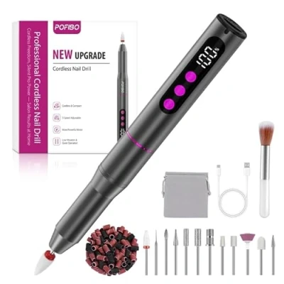 Image of POFIBO Cordless Electric Nail Drill 12 in 1 Rechargeable File Kit with LCD Display, 5 Adjustable Speeds, 35000RPM, for Acrylic &amp; Gel Nails, Manicure Pedicure