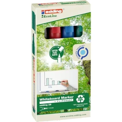 Image of edding 29 EcoLine whiteboard marker black, red, blue, green set of 4 pens chisel nib 1 5 mm pen dry wipe for whiteboards, flipcharts, memo boards sketchnotes