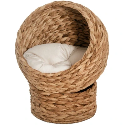 Image of PawHut Wicker Cat House, Raised Bed with Cylindrical Base, 50 X 42 60 cm Brown