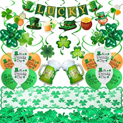 Image of St. Patrick&#039;s Day Decorations Set, Shamrock Confetti Decor Balloons Lucky Banner Table Runner Hanging Swirl for Saint Patrick Party Supplies