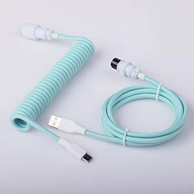 Image of Coiled Cable With Detachable Aviator Connector USB C Double Sleeved For Custom Gaming Mechanical Keyboard (Color : White Plug Cyan)