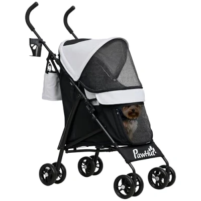 Image of PawHut Pet Stroller for Miniature Dogs, Foldable Dog Lightweight &amp; Portable with Shoulder Strap, 4 Wheels Umbrella Structure Pram Storage Bag Cup Holder, Light Grey