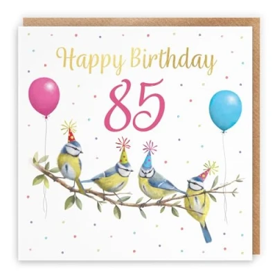 Image of Hunts England Blue Tits Funny 85th Birthday Card Luxury Gold Foil Milo&#039;s Gallery Age 85 Birds Female For Year Old Animal Fan Eighty Five Her