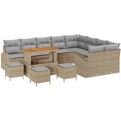 Image of vidaXL 13 Piece Garden Sofa Set with Cushions Beige Poly Rattan Acacia