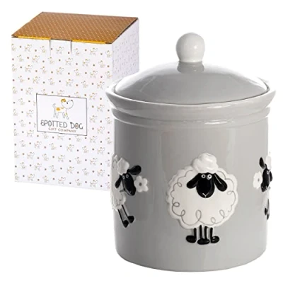 Image of SPOTTED DOG GIFT COMPANY Ceramic Storage Jar, Cute Kitchen Canister for Tea Coffee Sugar Treats, Animal Themed Home Decor Accessories, Gifts Sheep Lovers Women Men, Grey 1.25L