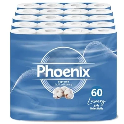 Image of 60 Phoenix Soft Supreme Luxury Toilet Rolls Bulk Buy Quilted White 3 Ply Paper Pack of Tissue (12 x 5 Packs)