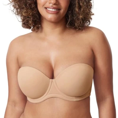 Image of Delimira Women&#039;s Strapless Bra Push Up for Bigger Bust Multiway Underwire Smooth Bandeau Warm Beige 38D