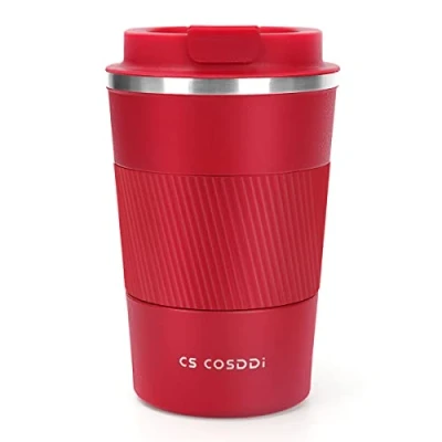 Image of CS COSDDI Travel Mugs, Insulated Coffee Cup with Leakproof Lid Reusable Cups Car Stainless Steel Mug for Hot and Cold Water Tea (Red A, 380 ml)