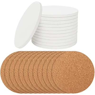 Image of Belle Vous Set of 12 White Ceramic Coasters Coaster Tiles with Cork Sheet Pads DIY Painting, Mosaic Tile Work, Arts and Crafts or Sublimation Blanks 10.2 cm (4.02 in)