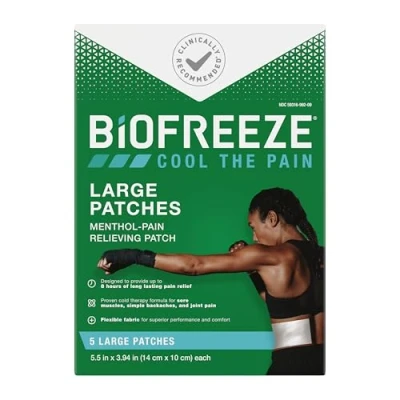 Image of Biofreeze Menthol Pain Relieving Patches (5 Per Box) Up To 8 Hours Of Relief From Sore Muscles, Arthritis, Backaches, Spains, Bruises, Strains And Joint (Package May Vary)