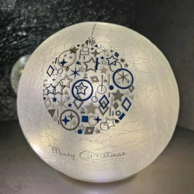 Image of Mr Crimbo 6&quot; Christmas Crackle Glass Ball Light Up Globe Decoration LED Ornament Blue Bauble
