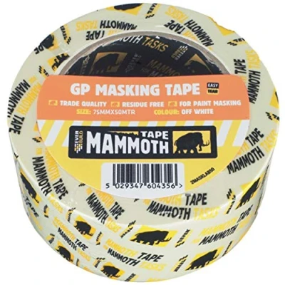 Image of Everbuild Mammoth General Purpose Trade Quality Masking Tape Suitable for Paint Off White 75mm x 50m Roll