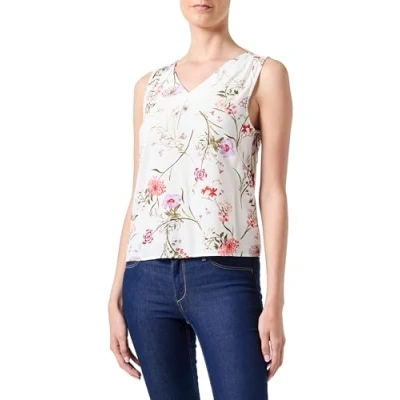 Image of VERO MODA Women&#039;s Vmeasy Joy S/L V Neck top WVN Ga, Birch/AOP: vicka, Large