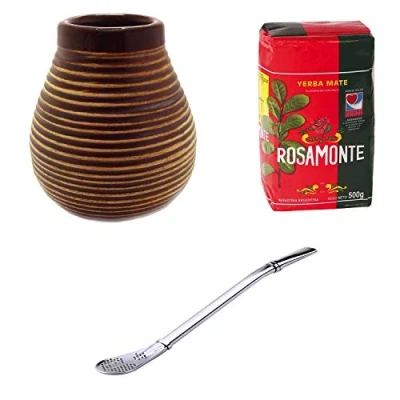 Image of Mein Teeshop Mate Ceramic Mug Brown + Bombilla Stainless Steel Rosamonte Yerba 500 g