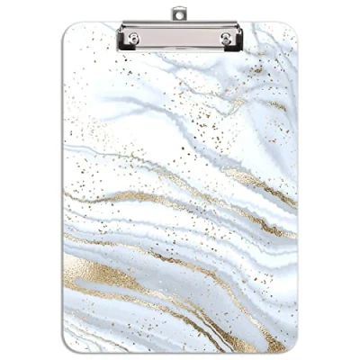 Image of Hnogri Plastic Clipboard A4, Fashion Design A4 Letter Size Clipboards &amp; Forms Holders for Office Supplies Lawyers,School Students and Kids, Low Profile Clip Cute Folder, Gold Line Marble