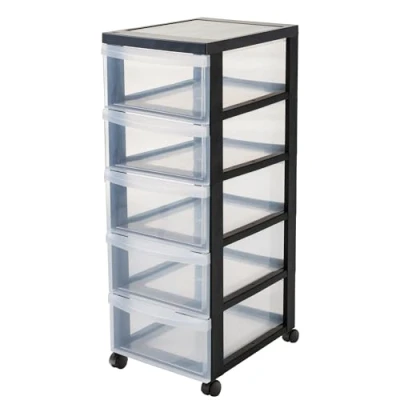 Image of Iris Ohyama, Plastic Drawers Storage Unit, Drawers, A4 Format &amp; 4 Wheels, H76cm/5 BPA Free, Black, W40 x D29 H76cm, DC 005